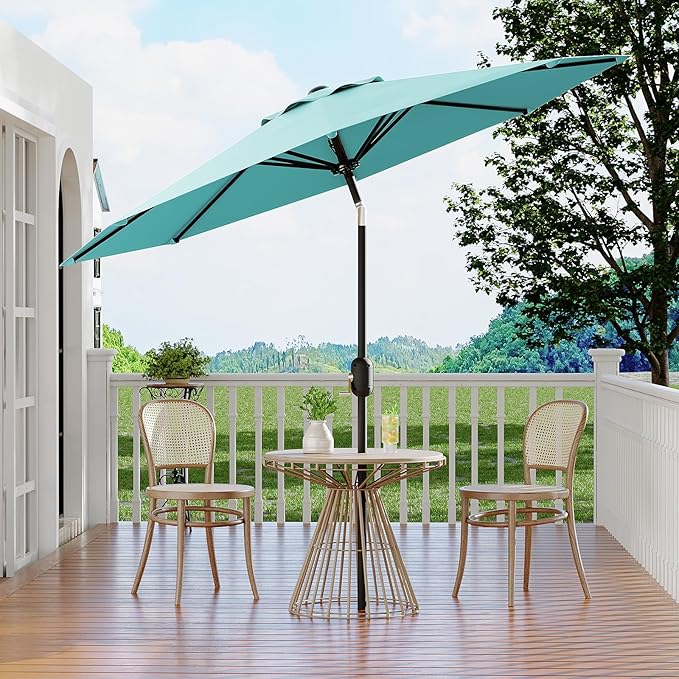 GarveeLife 9FT Patio Umbrella Outdoor, Table Umbrella with Push Button Tilt and Crank, 8 Sturdy Ribs UV Protection Waterproof for Garden, Pool, Market, Deck (Lake Blue)