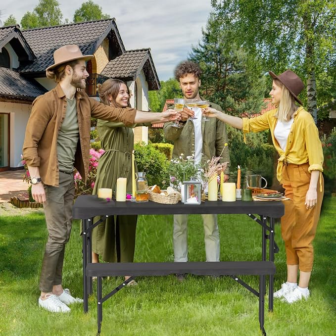 Tangkula Picnic Table with 2 Benches, 3 Piece Folding Picnic Table Set with HDPE Tabletop, Sturdy Metal Frame, 4 Person Plastic Folding Table for Indoor Outdoor Use (Black)