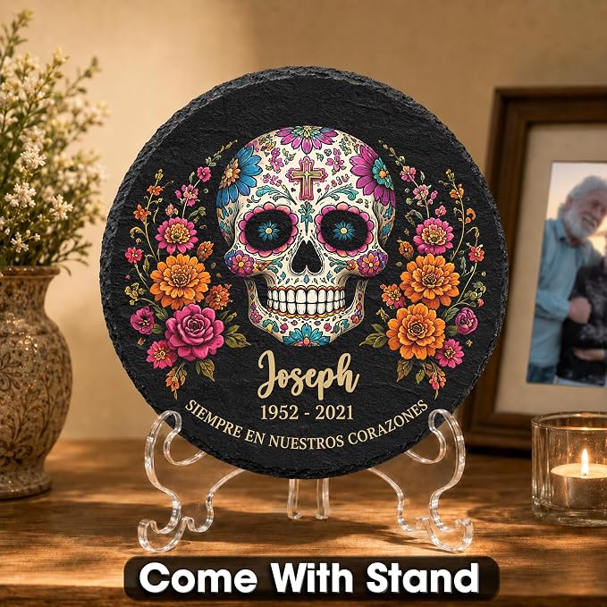Personalized Sugar Skull Memorial Garden Stone, Dia de los Muertos Garden Stones for Loss of Loved Ones, Bereavement Sympathy Gift, Grieving Gifts, Weatherproof Outdoor Memorial Natural Stone
