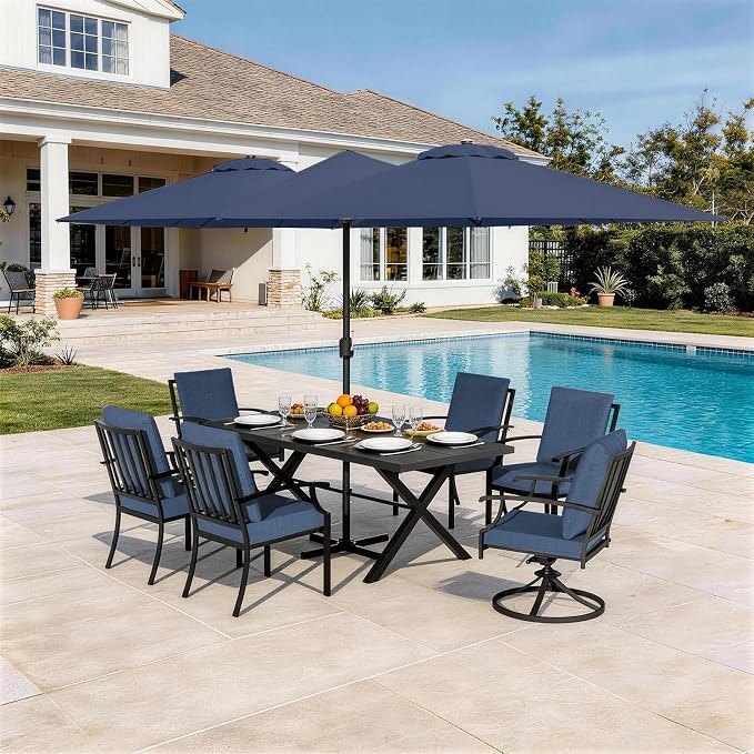 Patio Dining Set for 8 with 13.6ft Double-Sided Patio Umbrella,Outdoor Dining Set of 4 Metal Chairs and 2 Swivel Chairs with Umbrella Hole Table for Backyard,Garden,and Poolside(Navy)