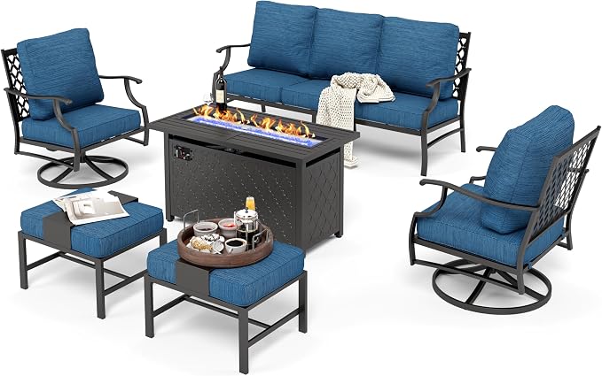 HERA'S HOUSE 6 Pieces Patio Furniture Set with Fire Pit Table, 2 x Swivel Chair, 2 x Ottoman, 3-Seat Sofa with 45" Fire Pit Table, Outdoor Conversation Set for Garden Poolside Backyard, Pacific Blue