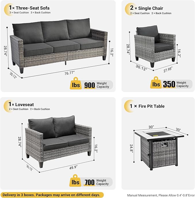 ovios 5 Pieces Patio Furniture Set, Outdoor Wicker Rattan Sofa Couch with 30" Fire Pit Table, Loveseat Chairs, Conversation Sets for Yard Porch Garden, Black