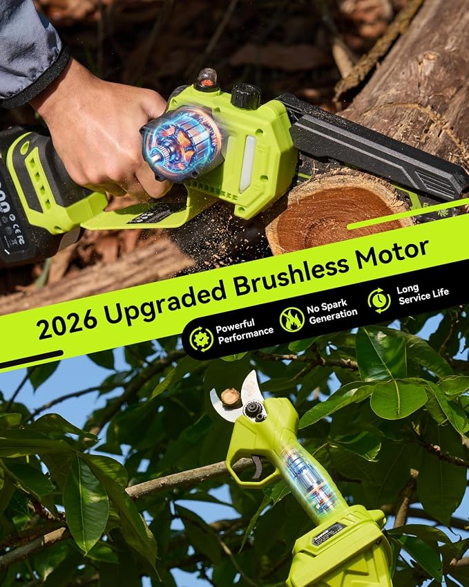 Supstable 4-in-1 Pole Saw & Pruning Shears Combo Kit, 6 Inch Mini Chainsaw for Tree Trimming, Battery Powered Chain Saw with Extension Pole, Limb Branch Cutter Pruner with 2 x 4000mAh Batteries