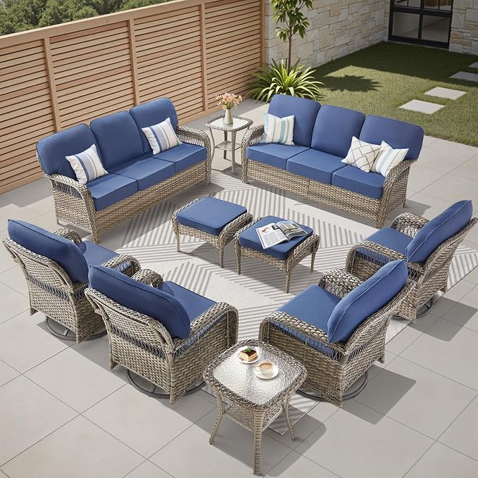 10 Pieces Outdoor Patio Furniture Set, Outdoor Wicker 3 Seater Sofa with Swivel Rocker Patio Chairs Set of 4 and 2 Ottomans, Comfy Patio Conversation Set for Deck Porch Backyard, Blue