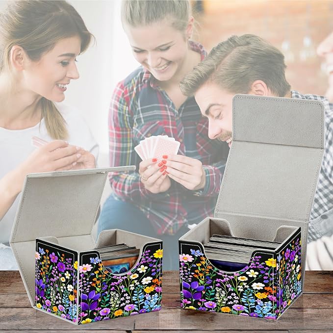 Card Deck Box for MTG, Cards Storage Box Fits 120+ Sleeved, Leather Small Size Strong Magnetic Closing Card Case for Board Games Magic TCG CCG Baseball Collection, Purple Wildflower