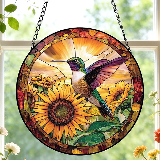 Stained Glass Hummingbird Suncatcher Window Hanging Flowers Gifts for Mom | 7.8in Garden Sun Catcher, Sunflowers Sunrise Ornament for Door Home, Gift for Bird Lovers Grandma & Mother's Day Christmas