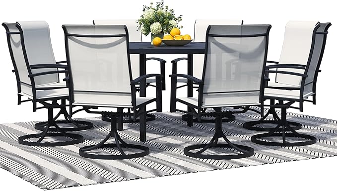 9 Piece Outdoor Patio Dining Set for 8, 60" Black Round Metal Table with 8 Oyster Beige Swivel Chairs, All-Weather Outdoor Furniture Set for Backyard, Lawn, Deck, or Poolside