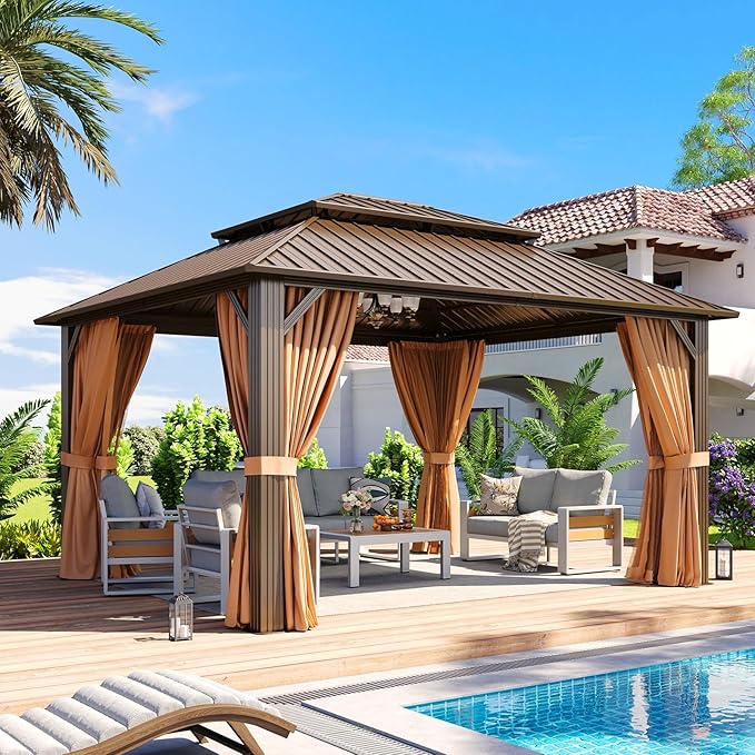 Aoxun 14’x10’ Outdoor Gazebo, Heavy Duty Canopy Pavilion with Ventilated Double Roof, Patio Pergola with Netting for Backyard, Garden, Deck (Brown)