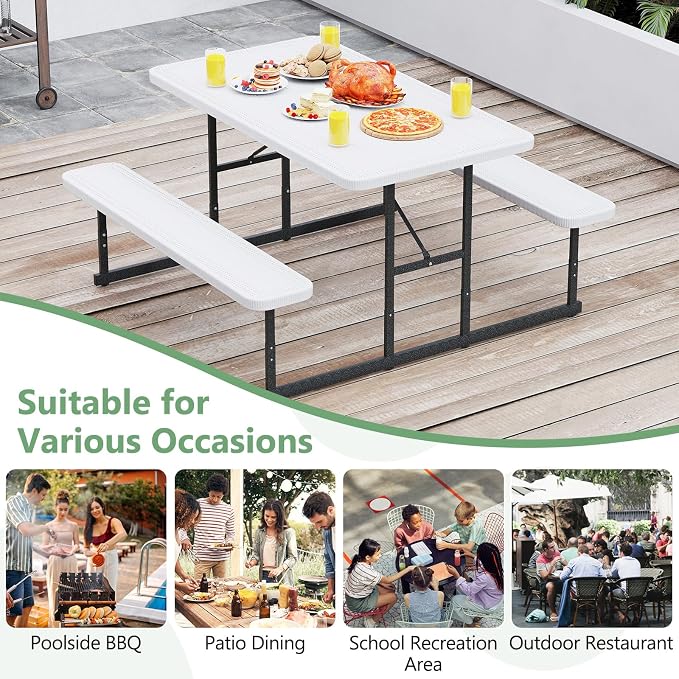 Picnic Table Set for 2-4 People, Umbrella Hole, Heavy-Duty Metal Frame & 2 Benches, HDPE Rectangular Outdoor Dinning Table & Benches for Outside, Patio, Garden, Backyard, Porch (White)