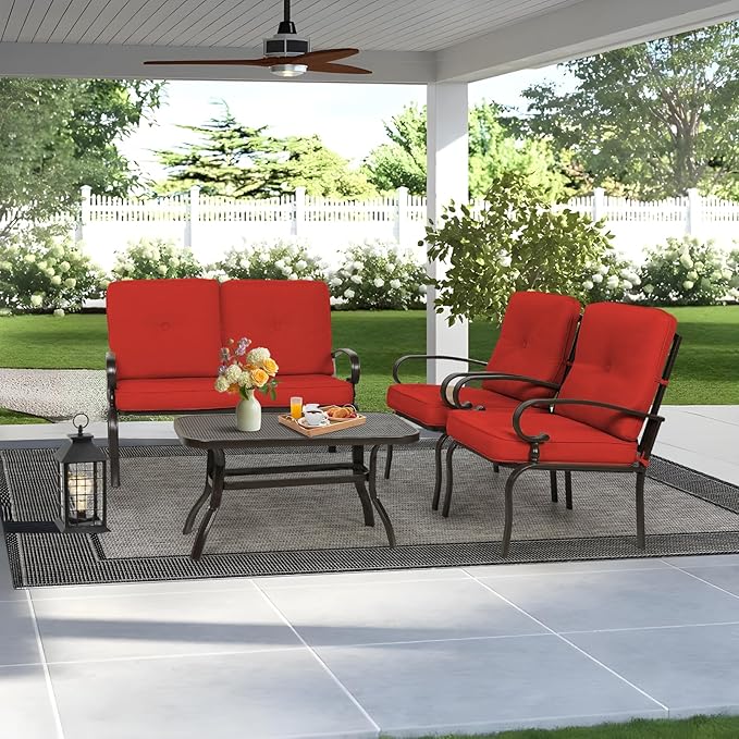 Oakcloud 4Pcs Metal Outdoor Furniture Patio Conversation Set (Loveseat and Coffee Table, 2 Dining Chair) -Wrought Iron Patio Chair Set with Cushions (Red)