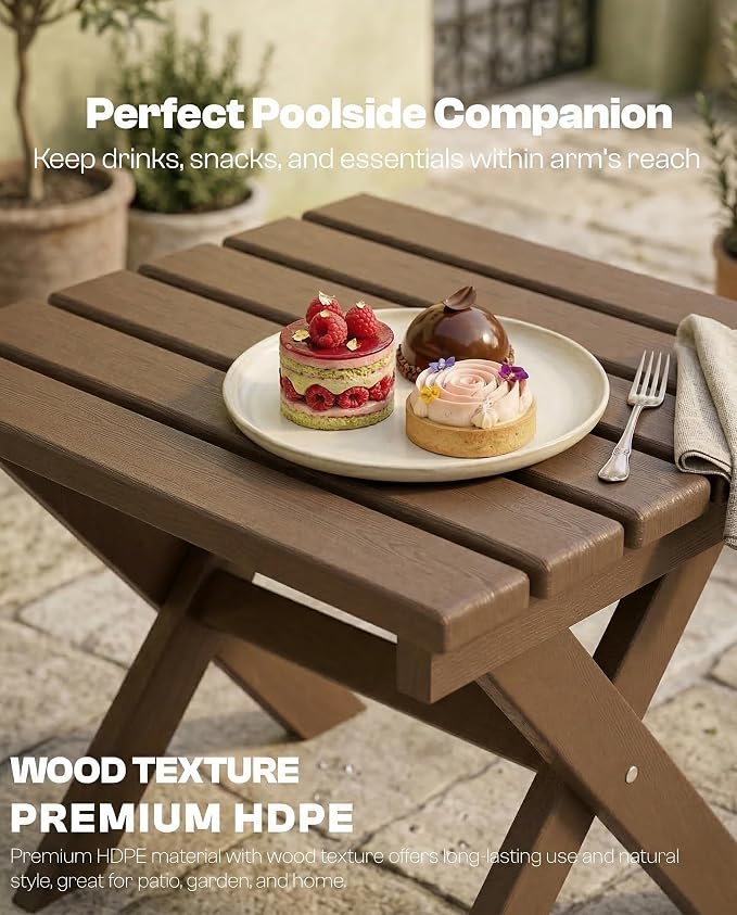 Outdoor Folding Side Table,HDPE Material, Portable Space-Saving Design, Weather-Ready with Authentic Wood-Grain Feel (Teak, 1 Table)
