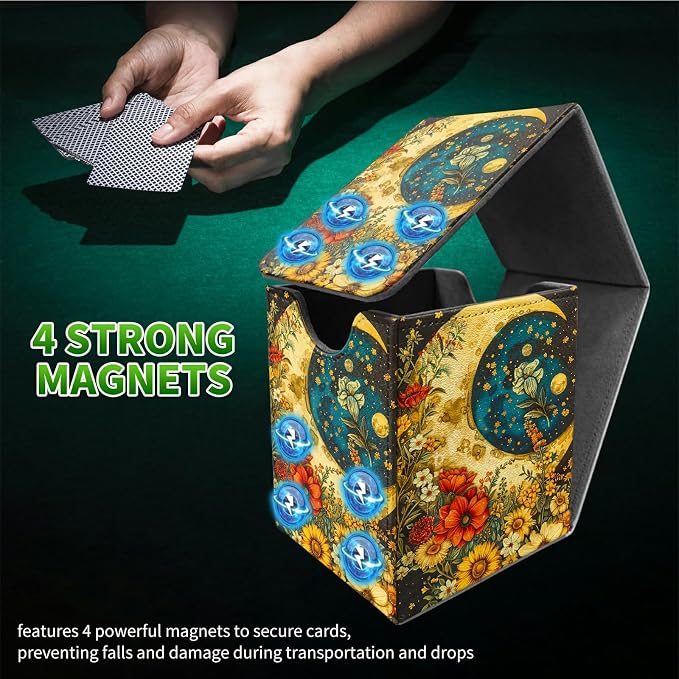 Deck Box for MTG, Cards Storage Box Fits 120+ Sleeved, Leather Medium Size Strong Magnetic Closing Card Case for Board Games Magic TCG CCG Baseball Collection, Flower Big Moon