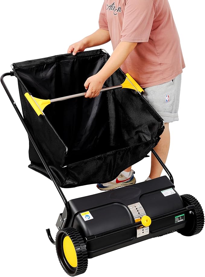26 Inch Lawn Sweeper Push Hand Powered for Leaves, Grass Clippings & Yard Debris, 4 High-Speed Brushes & Large 7 cu ft Hopper Bag | Adjustable Height, ABS+Steel Frame (26 Inch Black)