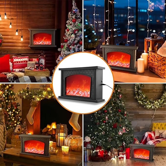 Simulated LED Fireplace Lantern USB & Battery Powered Flameless Light with Simulation Flame Table Decorative Lamp Mini Fireplace Ornament for Cozy Home Decor Free Standing Electric Log Burner