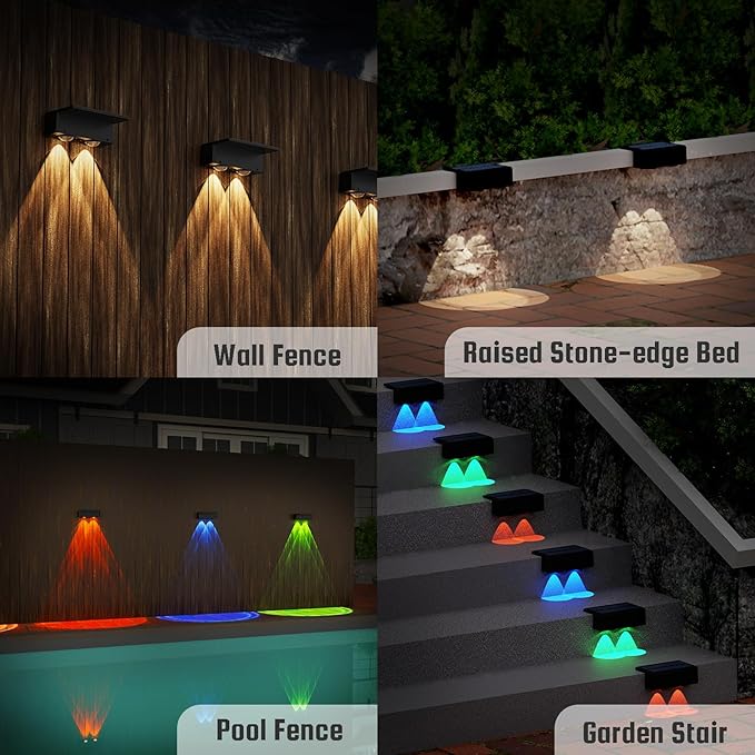 2-Pack 30-Lumen Solar Spotlights for Fence & Wall - RGB Color Changing & Warm White (5 Modes) | IP65 Waterproof, Auto On/Off Solar Lights | No Wiring, Screw or Adhesive Mount - Matte Black