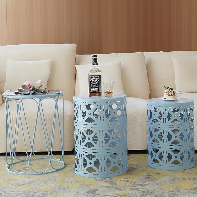 Y&M Set of 3 Stacking Coffee Table for Living Room, Patio Side Table,Indoor End Tables for Bedroom, Outdoor Decorative Garden Stool with Heavy Duty Metal Frame Modern Industrial Decor - Blue