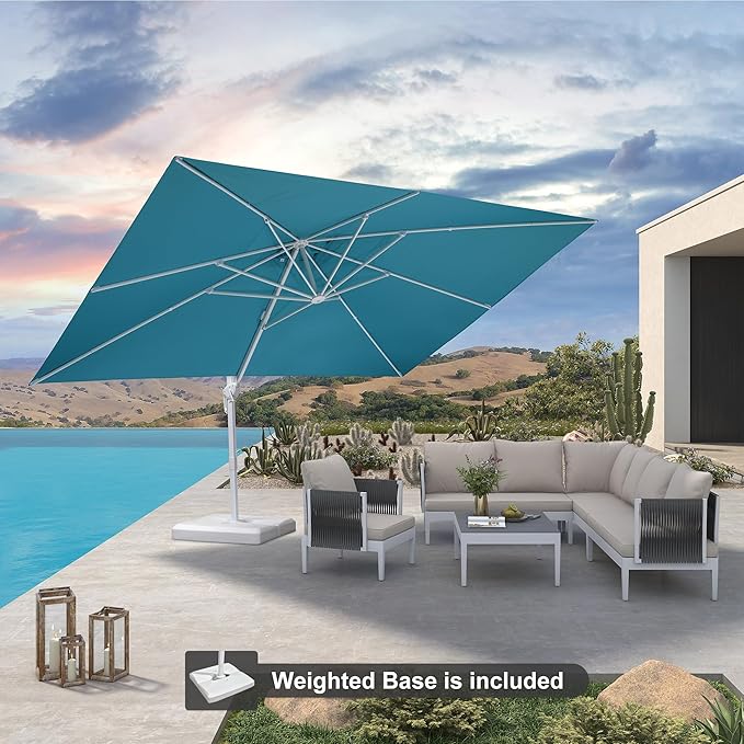PURPLE LEAF 10' × 13' Patio Umbrella With Base White Cantilever Umbrella Square Outdoor Offset Umbrella Windproof with 360° Rotation for Garden Deck Pool, Turquoise