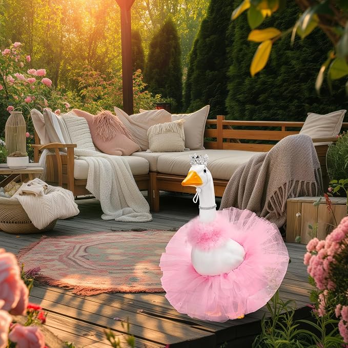 4 Pcs Princess Porch Goose Outfit for 23" 17" Cement Lawn Goose Costume Crown Necklace Tutu Skirt Feather Trim(Pink)