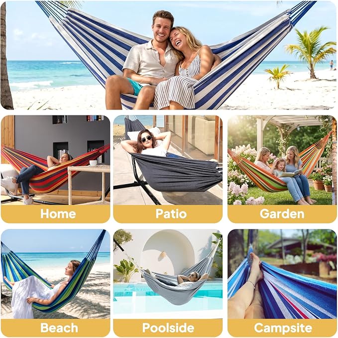 ANYOO Cotton Hammock Portable Camping Hammocks for Hanging Sturdy Garden Comfortable Fabric Hammock with Tree Straps Up to 660lbs with Travel Bag for Camping Outdoor/Indoor Patio Backyard