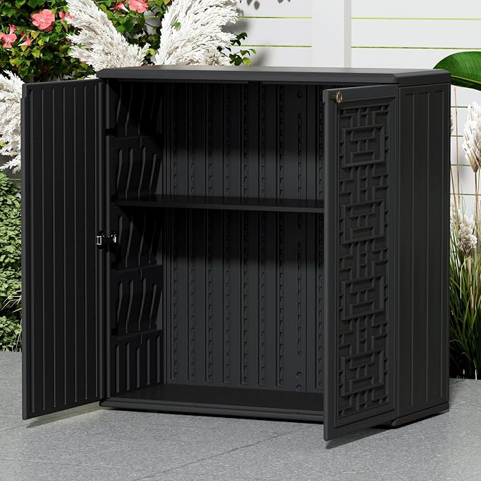 Mrosaa Indoor Outdoor Storage Cabinet Waterproof with Shelf,Plastic Storage Sheds Outdoor Cabinets for Patio/Garden/Backyard, Size 34.3''L*15''W*36.2''H(Black)
