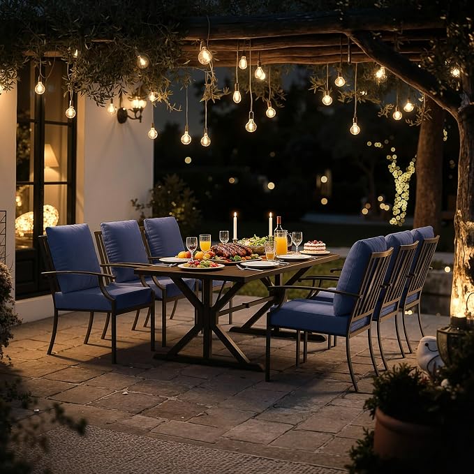 Kullavik 7 Pcs Outdoor Dining Set,Patio Dining Table and Chairs Set for 6,Fence Pattern Back Chairs with Thickened Cushions & X-Frame Metal Dining Table with Umbrella Hole for Patio,Navy Blue
