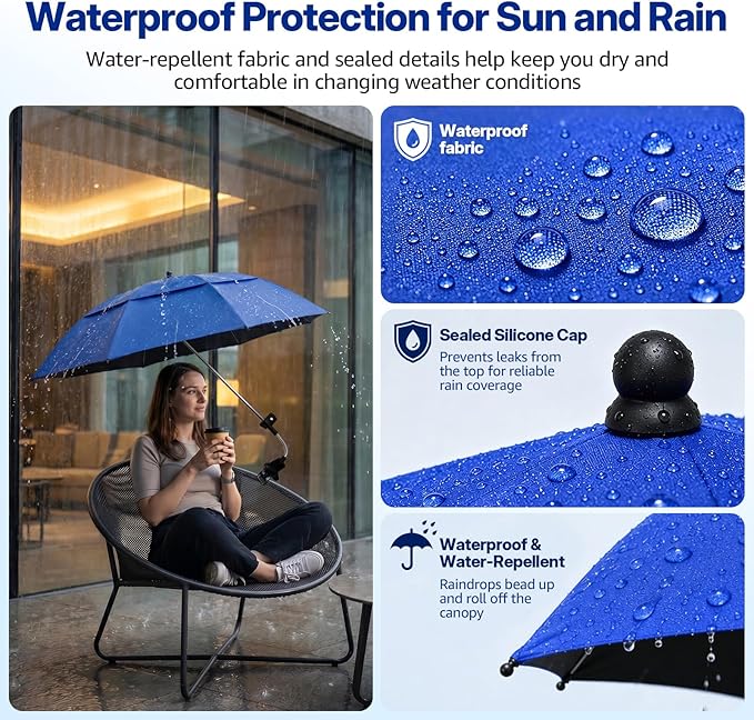 2 Pack 42 Inch Double Canopy Beach Chair Umbrella with Clamp, UPF50+ Clip on Beach Umbrella with 360° Swiwel Arm & Adjustable Clip, Portable Sun Shade for Wheelchair, Stroller, Camping