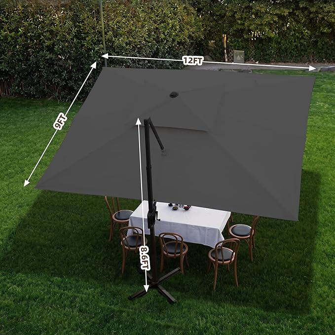 9 X 12 FT Cantilever Outdoor Patio Umbrella with LED Lights Large Heavy Duty 360° Rotation Double Top Offset Rectangular Umbrellas for Backyard Garden Pool Outside Deck, Grey