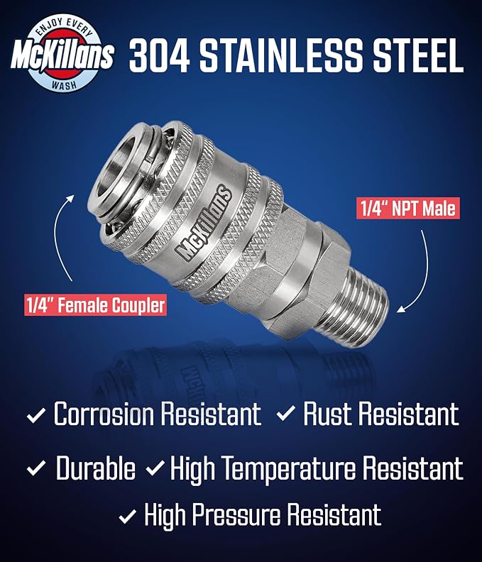 McKillans® 1/4” Nozzle Automatic Quick Connect Fittings - Stainless Steel 1/4” NPT Male Quick Connect Couplers - Coupler for Pressure Washer Gun - Pack of 2
