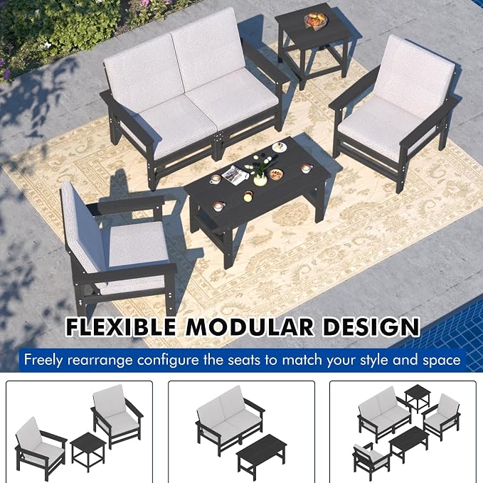 3-Piece HDPE Patio Furniture Set, All-Weather Outdoor Sectional Sofa Set with Side Table & Cushions - Wood-Like Composite Conversation Couch for Deck, Lawn, Balcony - Black Frame