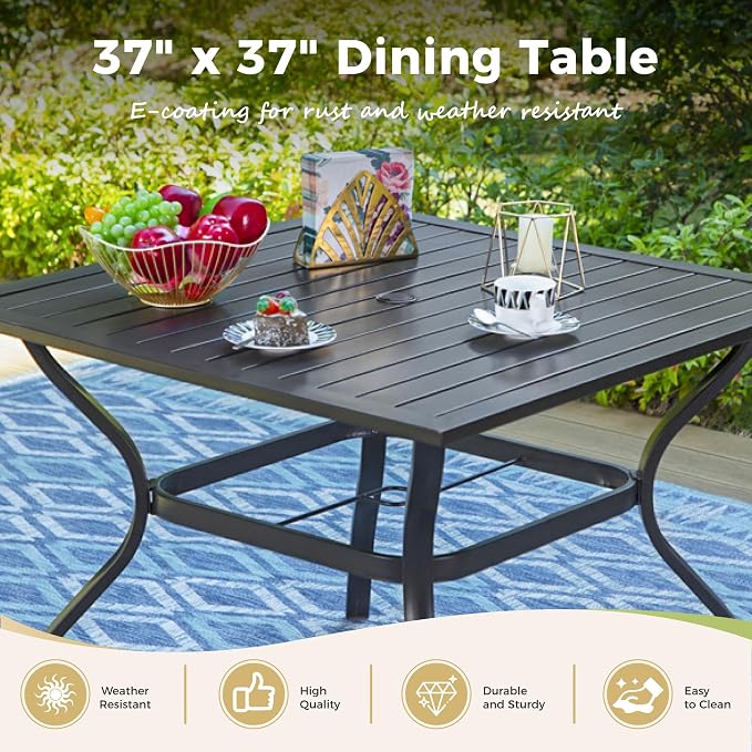 MIXPATIO Outdoor Patio Square Dining Table, 37"x 37" Metal Slatted Tabletop with Adjustable Umbrella Hole, All Weather Wrought Iron Black Outdoor Table for Deck Lawn Garden Backyard, Black