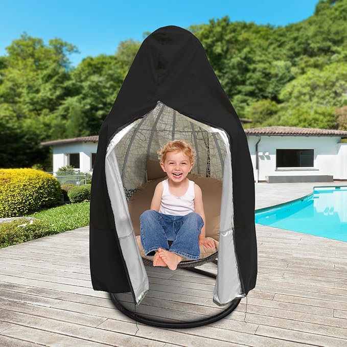 Patio Egg Chair Cover with Zipper,Outdoor Hanging Egg Chair Cover,UV Resistant,Windproof Heavy Duty,Wicker Egg Swing Chair Covers,Fits Single Seat Egg Chair,75"" x 45"",Black