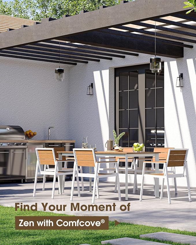 Outdoor Dining Table, Aluminum Patio HDPS Outdooor Table with Umbrella Hole, All Weather Patio Furniture Set, Patio Dining Table (White & Teak)