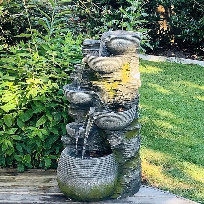 Litedeer 6 Tiered Cascading Stone Water Fountain with LED Lights & Auto-Pump – XL 40-Inch Tall Outdoor Garden & Home Office Fountain (Model: DGF-173012, Grey)