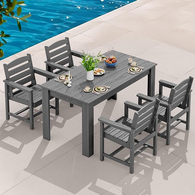 SERWALL Patio Dining Set for 4, Outdoor Dining Sets for 4 Person with 1 Umbrella Hole Cut-Out Rectangular Table and 4 Chairs, HDPE Dining Sets for Garden, Backyard, Poolside, Gray