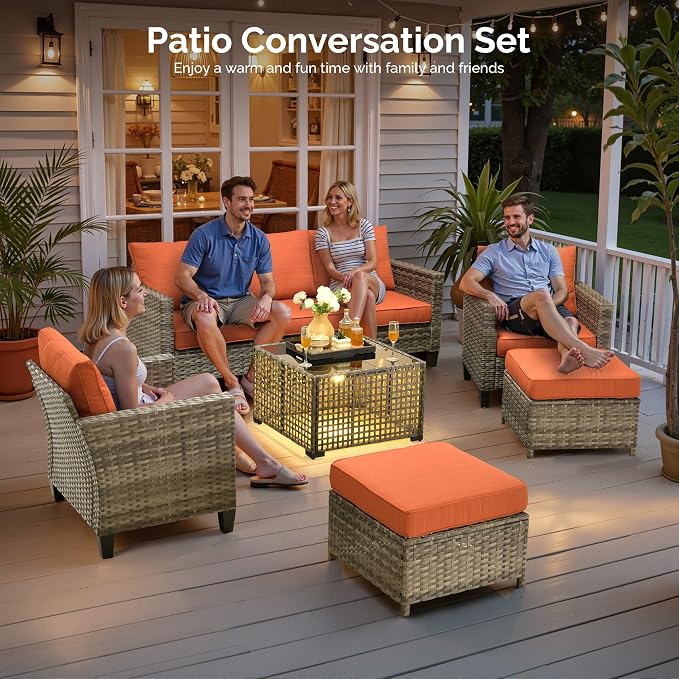 6 Piece Wicker Patio Furniture Set with Solar Table, Orange | Outdoor Deep Seating Sofa Chair Ottoman, Solar Lights Table, All Weather Rattan, Modern Conversation Set, Porch Deck Backyard