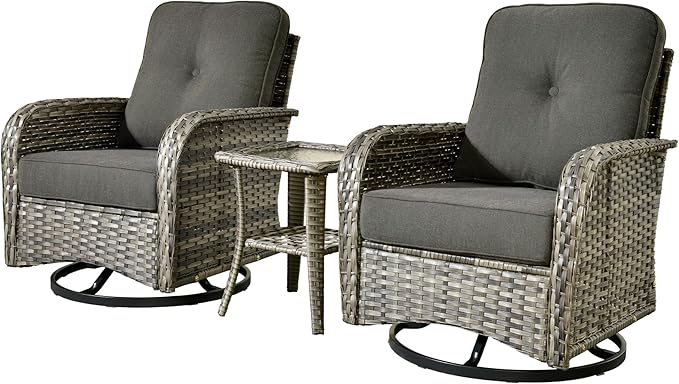 Weaxty Outdoor Swivel Rocker Patio Chairs, 3 Pieces Patio Furniture Set with Rocking Chair and Wicker Side Table, Outdoor Furniture Conversation Set for Porch, Deck, Yard, Balcony, Black