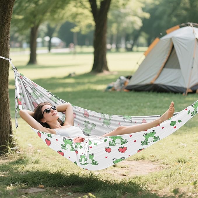 Camping Hammock Outdoor Hammocks for Outside Frog Strawberry White Beach Trees Portable Lightweight with Pockets Tree Straps Indoor