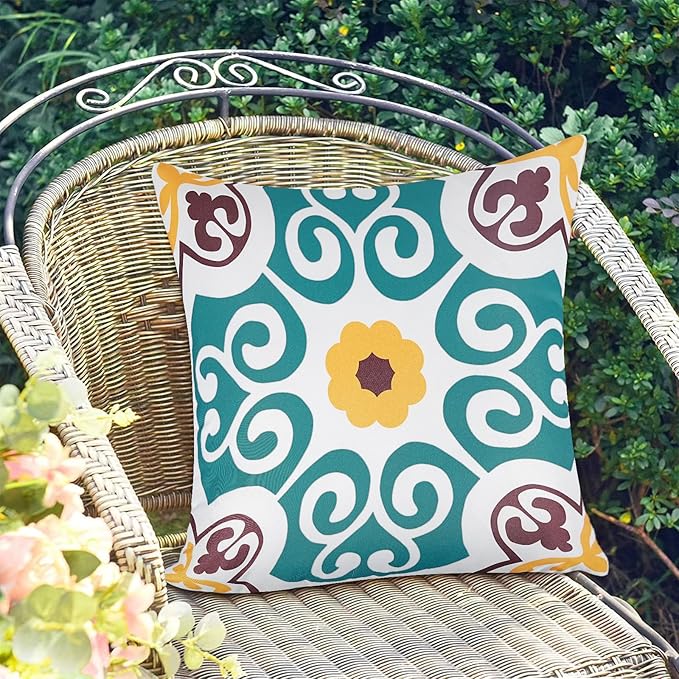 Pyonic Waterproof Outdoor Pillow Covers 18x18 inch Set of 4 Morocco Vintage Floral Boho Throw Pillow Covers Water Resist Outdoor Pillows for Patio Furniture Garden Yard,Turquoise