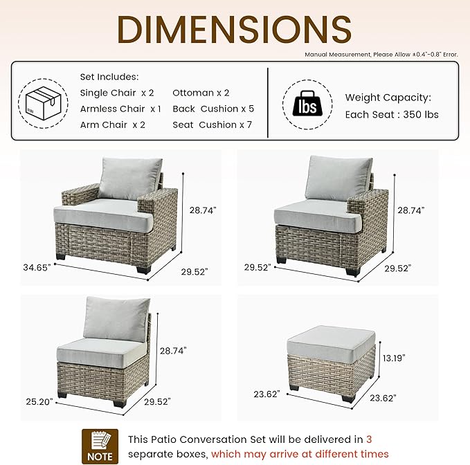 Patio Furniture Sets 7 Pieces Outdoor Sectional Rattan Sofa Manual Weaving Wicker Patio Conversation Set with Ottomans and T Cushion(Grey)