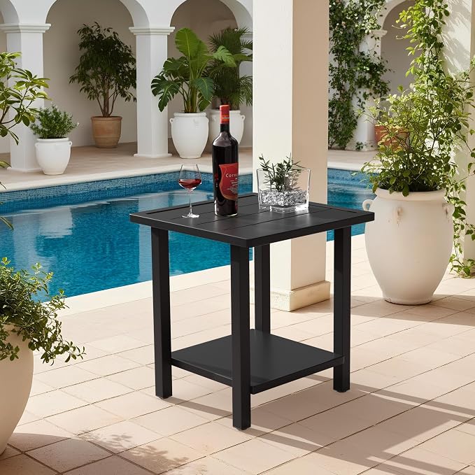 Outdoor Large Square Side Table, Heavy-Duty Metal Patio End Table, Weather Resistant Poolside Table with Easy Assembly for Balcony, Deck, Backyard, Black