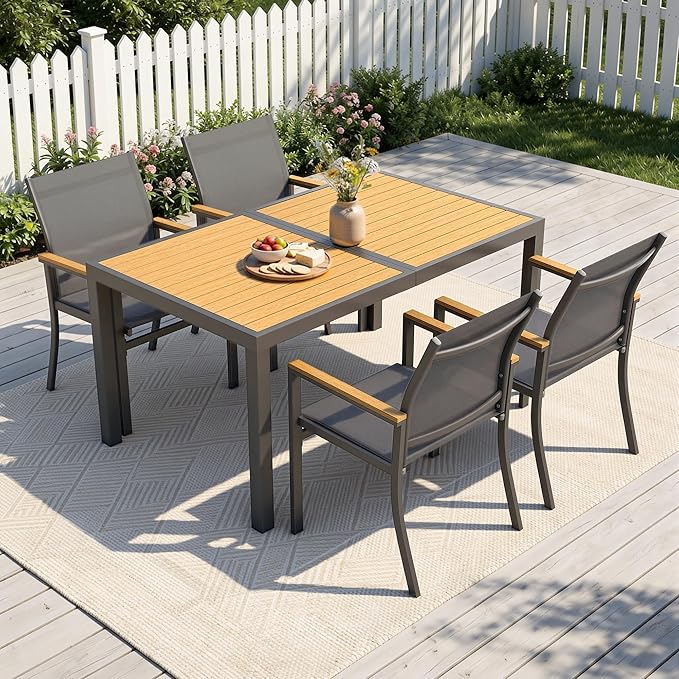 5-Pieces Aluminum Patio Table and Chairs Set, Outdoor Patio Furniture Set with Heavy Duty HDPS Rectangular Table, All-Weather Outdoor Dining Set with Breathable Quick-Drying Textilene Chairs