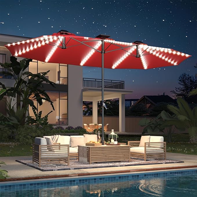 AECOJOY 15ft Patio Umbrella with Solar Lights, Large Patio Umbrella with Crank Handle and 156 PCS LED Lights, Outdoor Rectangular Market Umbrella for Backyard Deck Pool in Dark Red(1.9" Pole)