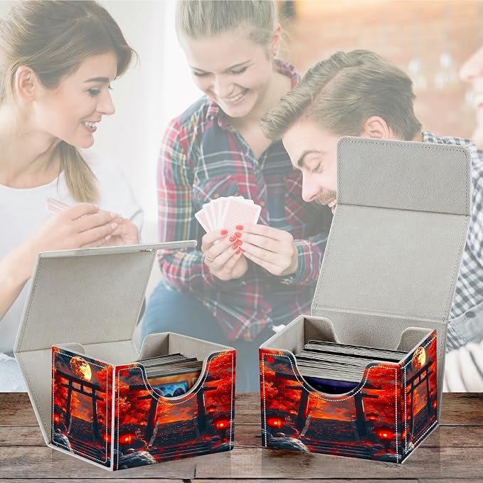 Card Deck Box for MTG, Cards Storage Box Fits 120+ Sleeved, Leather Small Size Strong Magnetic Closing Card Case for Board Games Magic TCG CCG Baseball Collection, Red Maple Leaf Moon