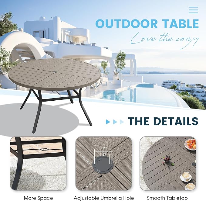 7 Pieces Patio Furniture Dining Set, 6 Textilene Swivel Dining Chairs, 53" Outdoor Round Metal Table with 1.57" Umbrella Hole, Outdoor Dining Set for Porch, Lawn, Garden, Grey/Sand