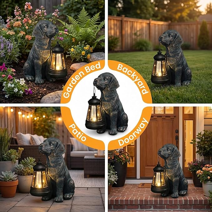 Lyeasw Solar Dog Statues with Lantern – 8.4 inch Waterproof Outdoor Dog Decor for Garden, Yard & Porch, Auto On/Off Solar Light, Gift for Mom & Dog Lovers, Dog Memorial Gifts