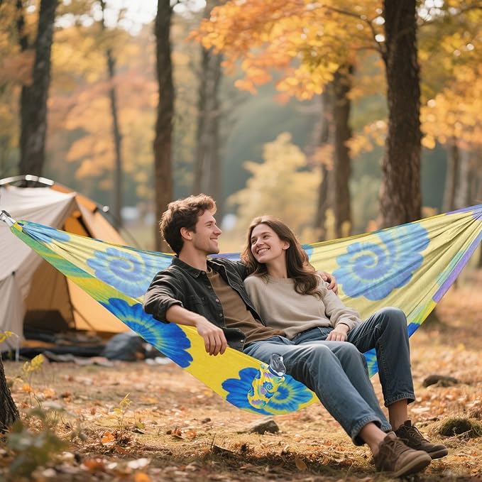 Irregular Tie-dye in Yellow and Blue Hammocks with Portabl Carry Bag Cloth Hammock for Patio Backyard Lounge Base