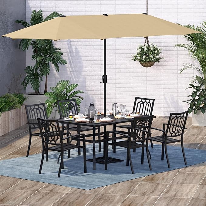 Sophia and William Patio Dining Set for 6 with 13ft Double-Sided Patio Umbrella, 8 Piece Metal Outdoor Table Furniture Set, 6 Outdoor Chairs, 1 Rectangle Dining Table and 1 Large Beige Umbrella