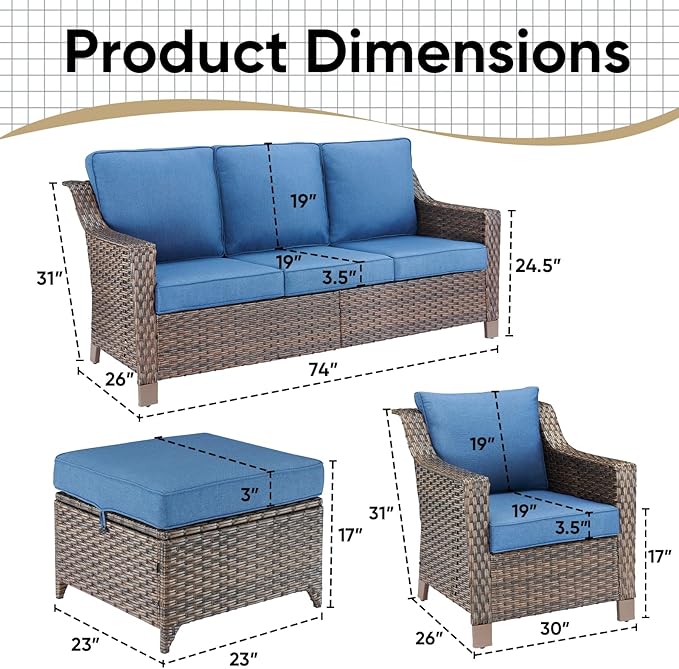 5 Pieces Wicker Patio Furniture Set-Outdoor High Back Sofa with Rattan Wicker Chairs Outdoor Furniture for Porch Garden Backyard Poolside-Brown/Blue