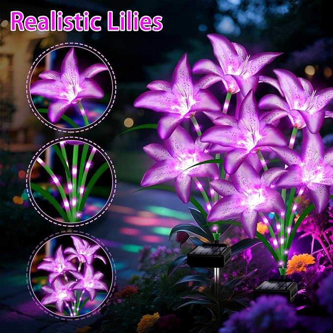 Solar Lights Outdoor, Gift for Women Mom Grandma Wife Daughter, 4 Pack 16 Solar Purple Lily Flower Lights Solar Flower Light Waterproof, Outside Decor Stake Light for Landscape Yard Patio Lawn Garden
