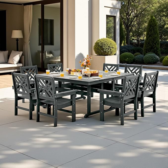 10 Piece HDPE Outdoor Dining Set for 8, Patio HDPE Furniture Set with 2 Table and Umbrella Hole, Outdoor Table and Chairs for Garden, Poolside, Backyard, Deck